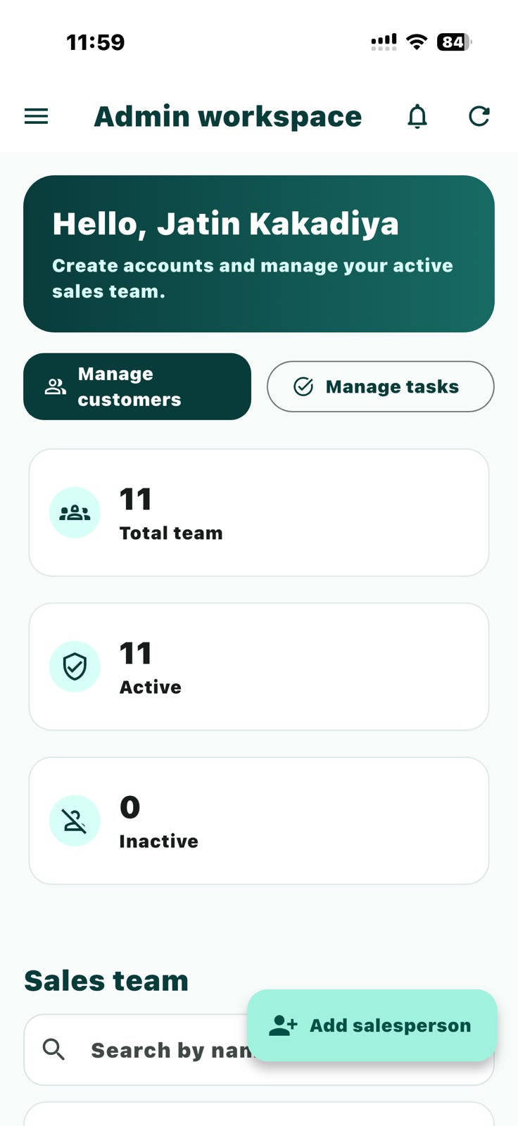 My Anant admin workspace showing active sales team counts and team management